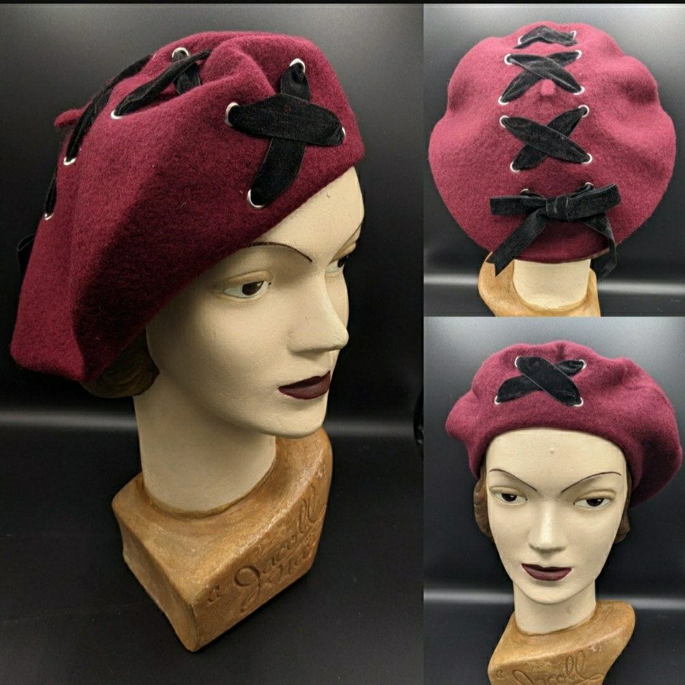 New Etsy Retro Vintage Handmade Elegant Burgundy Beret with Black Lace Accents